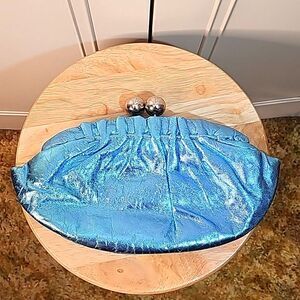 Clutch by Santi Metallic Blue Silvertone Hardware Chain